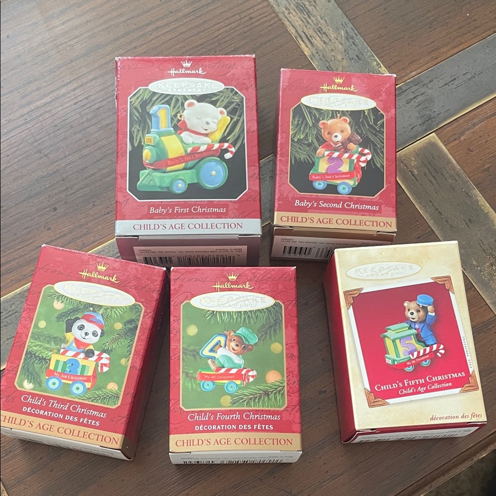 5 - Hallmark Child's Age Collection Ornaments - Red and Green